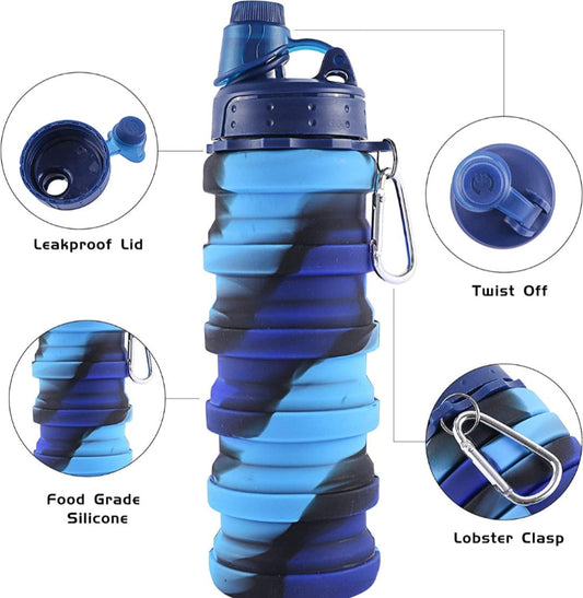 Collapsible Silicone Sports Water Bottle 500ml BPA Free and Leakproof